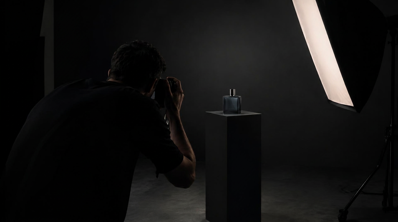 Produktfotograf fotograferar en parfymflaska i mörk studio
