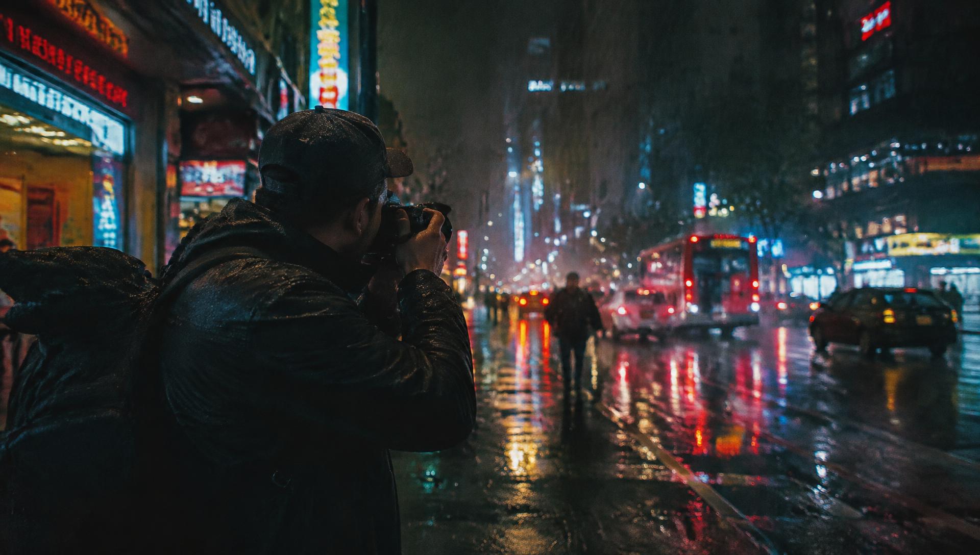 Reportagefotograf på en regnig gata i neonljus